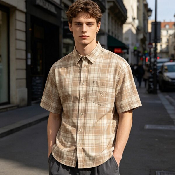 Custom Oversize Plaid Short-Sleeve Button-Up Shirt - Style 87C5C3 - product detail view 4