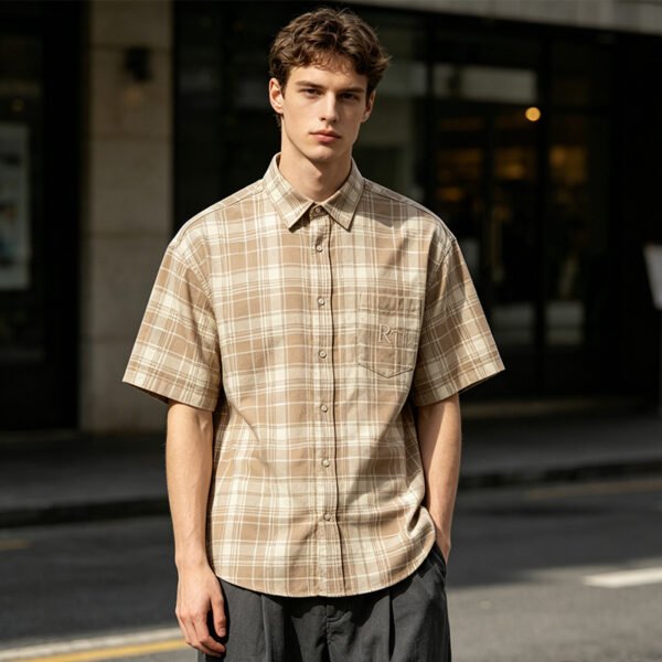 Custom Oversize Plaid Short-Sleeve Button-Up Shirt - Style 87C5C3 - product detail view 6