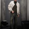 Light grey vintage-washed oversized bomber jacket with studded details.