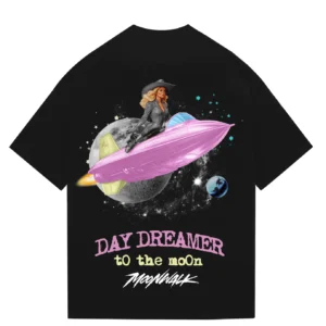 Black oversized t-shirt with astronaut and rocket graphic