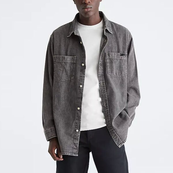 Men's oversized acid-washed dark grey denim shirt jacket.
