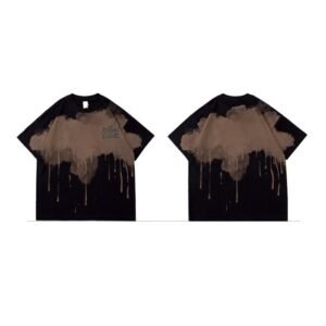 Black oversized t-shirt with a brown drip graphic design.
