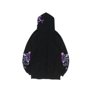 Black embroidered hoodie with koi fish design on sleeves and hood