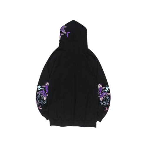 Black embroidered hoodie with koi fish design on sleeves and hood