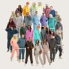 A large group of diverse models wearing custom oversized fleece hoodies in various colors.