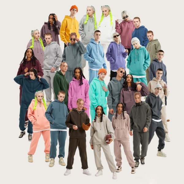 A large group of diverse models wearing custom oversized fleece hoodies in various colors.