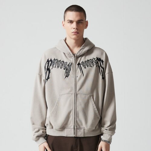 Custom Oversized Gothic Print Full-Zip Hoodie - Style 56C18E Grey oversized full-zip hoodie with gothic print