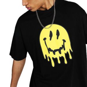 Black oversized t-shirt with a yellow dripping smiley face graphic.