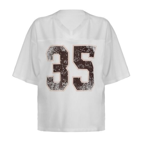 Custom Oversized Mesh Number Jersey - Style 5692EF White oversized mesh jersey with distressed brown number 35 graphic