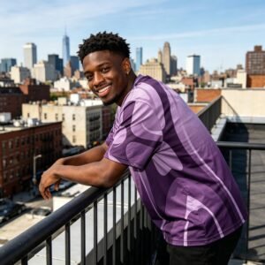 Man wearing a purple gradient oversized mobility jersey on a rooftop