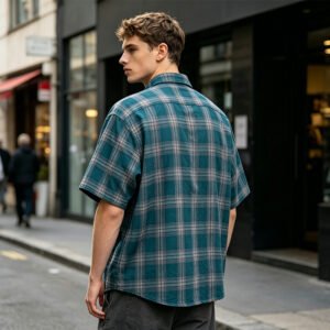 Man from behind wearing an oversized teal and grey plaid short-sleeve shirt.