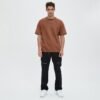 Custom Color-Block Seamed Oversized Short-Sleeve Sweatshirt - Style AC70BD Man wearing a brown oversized short-sleeve sweatshirt