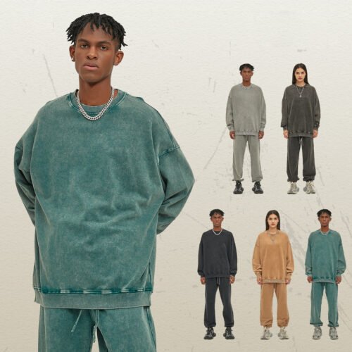 Custom Snow-Washed Oversized Terry Sweatshirt 2319 - Style 41CC9E Model wearing a teal oversized snow-wash sweatshirt