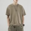 Tan oversized t-shirt with ribbed crew neck and short sleeves
