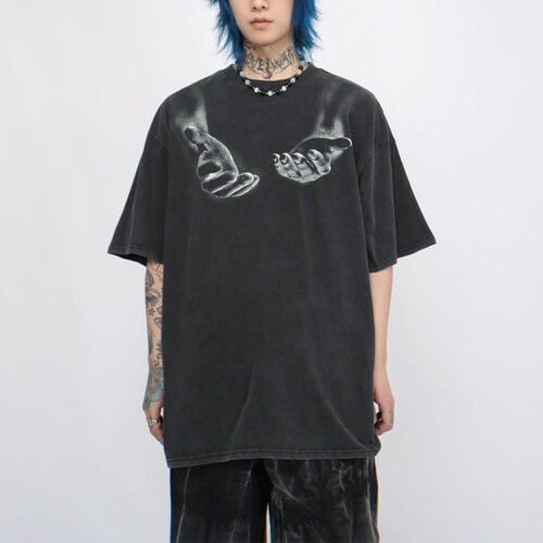 Custom Oversized Washed Graphic T-Shirt - Style 2A7A46 Dark grey oversized washed t-shirt with graphic of hands