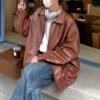 Custom Oversized Zip Front Leather-Look Coat - Style F2E327 - product detail view 2