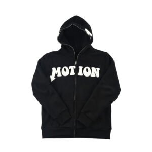 Black oversized zip-up hooded sweatshirt with white MOTION graphic text