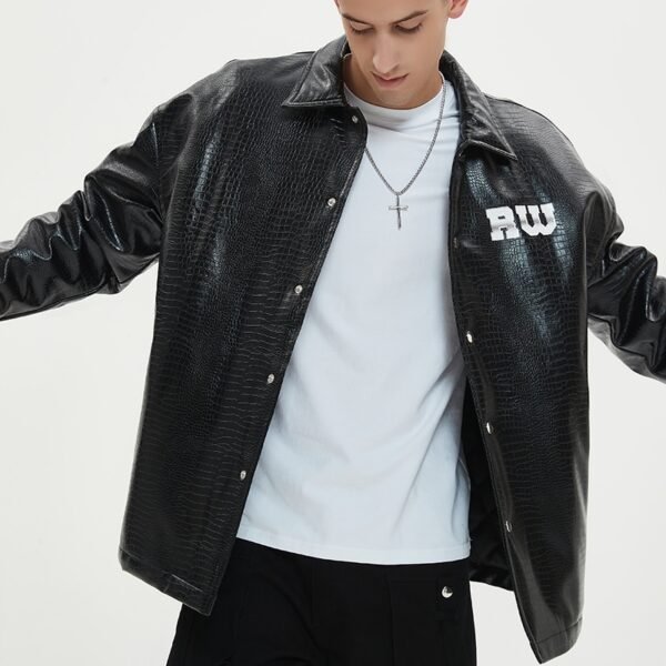 Custom Padded Faux Leather Snap-Front Streetwear Jacket - Style 82F1E7 - product detail view 3 Custom Padded Faux Leather Snap-Front Streetwear Jacket - Style 82F1E7 - product detail view 3