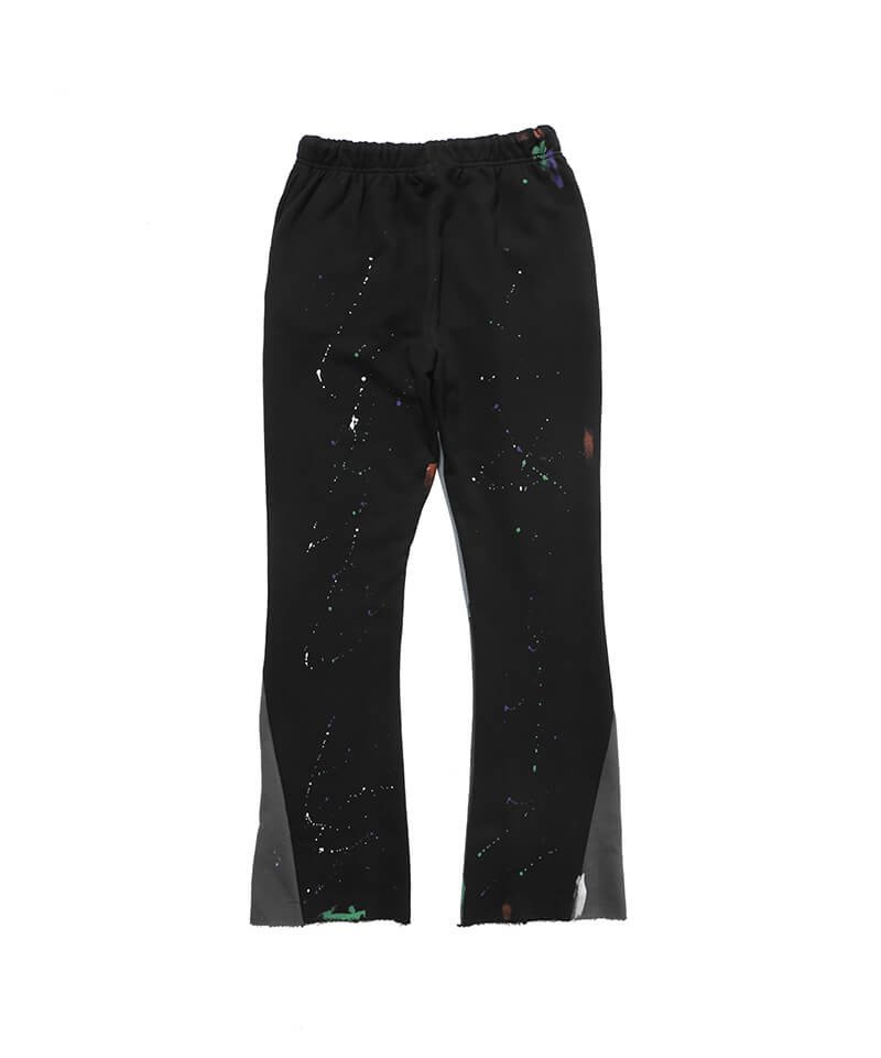 Black joggers with paint splatter and grey panels