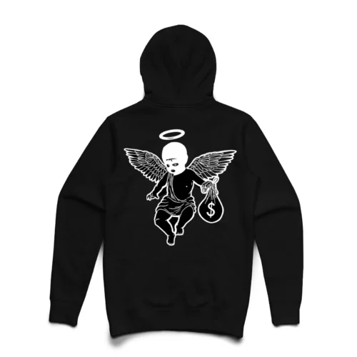 Custom Panel-Registered Graphic Pullover Hoodie - Style 0F57C9 Black graphic pullover hoodie with an angel carrying a money bag
