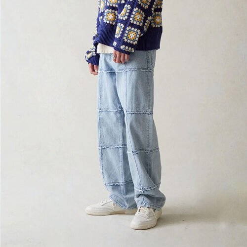 Custom Light Blue Panel-Seam Denim Pants - D6C3E532B39C0EDE - Style D6C3E5 Man wearing light blue panel-seam wide-leg denim pants.