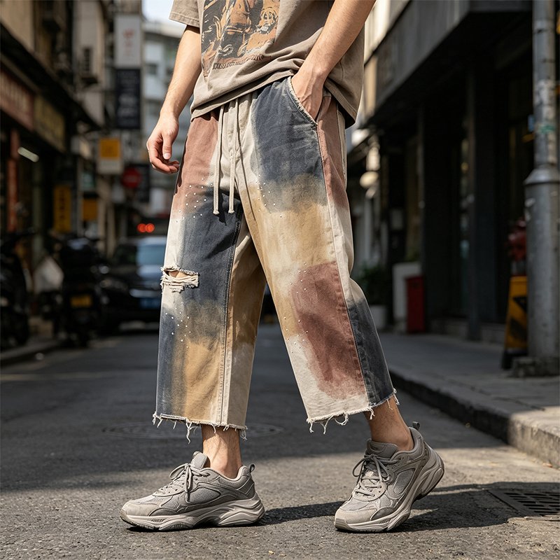 Vintage multi-colored panel-washed wide-leg cropped pants with distressed details.