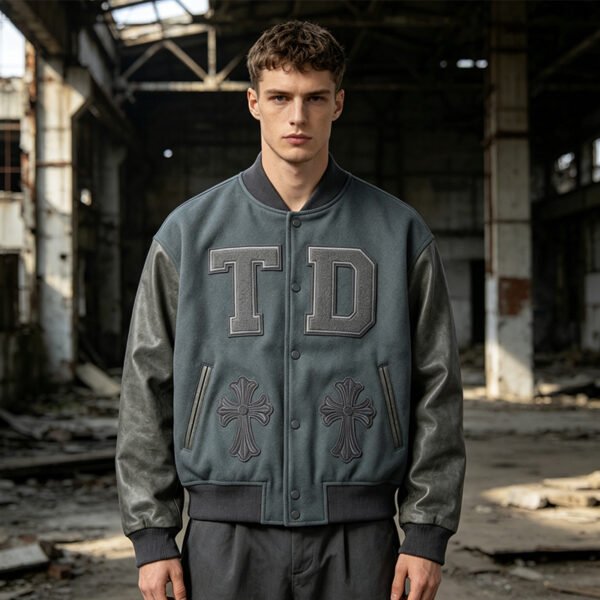 Custom Patch-Spliced Varsity Bomber Jacket - Style 51DBAA - product detail view 2 Custom Patch-Spliced Varsity Bomber Jacket - Style 51DBAA - product detail view 2