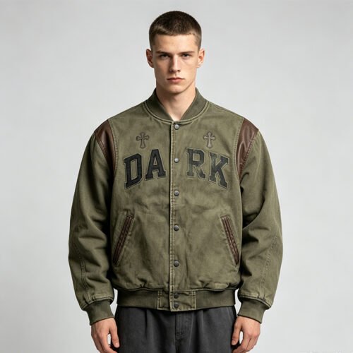 Custom Olive Patch-Spliced Varsity Bomber Jacket - Style EF1744 Custom Olive Patch-Spliced Varsity Bomber Jacket - Style EF1744