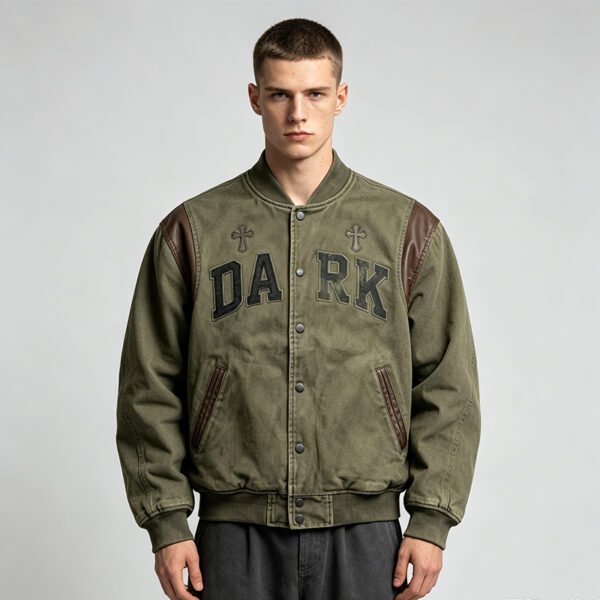 Custom Olive Patch-Spliced Varsity Bomber Jacket - Style EF1744 Custom Olive Patch-Spliced Varsity Bomber Jacket - Style EF1744