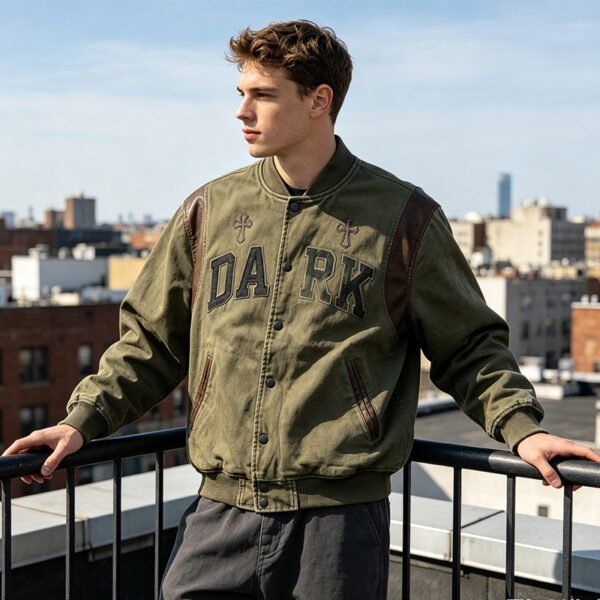 Custom Olive Patch-Spliced Varsity Bomber Jacket - Style EF1744 - product detail view 2 Custom Olive Patch-Spliced Varsity Bomber Jacket - Style EF1744 - product detail view 2