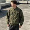 Custom Olive Patch-Spliced Varsity Bomber Jacket - Style EF1744 - product detail view 3 Custom Olive Patch-Spliced Varsity Bomber Jacket - Style EF1744 - product detail view 3