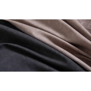 Close-up of two fabric swatches, one dark grey and one beige
