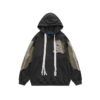 Custom Patchwork Embroidered Pullover Hoodie VWS-F305 - Style F30507 Dark gray patchwork hoodie with khaki accents and white drawstrings