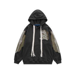 Dark gray patchwork hoodie with khaki accents and white drawstrings