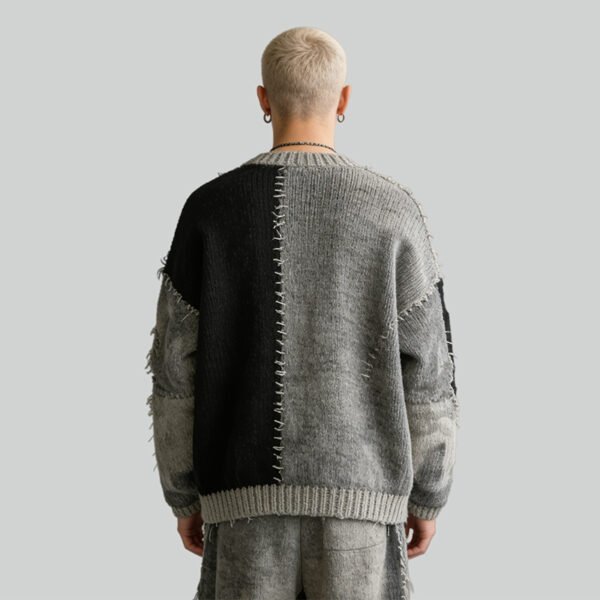 Custom Patchwork Frayed Panel Knit Sweater - Style EB4E19 - product detail view 6 Custom Patchwork Frayed Panel Knit Sweater - Style EB4E19 - product detail view 6