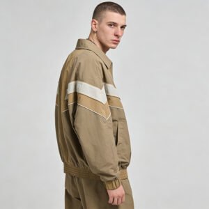 Man wearing a custom patchwork collar nylon jacket