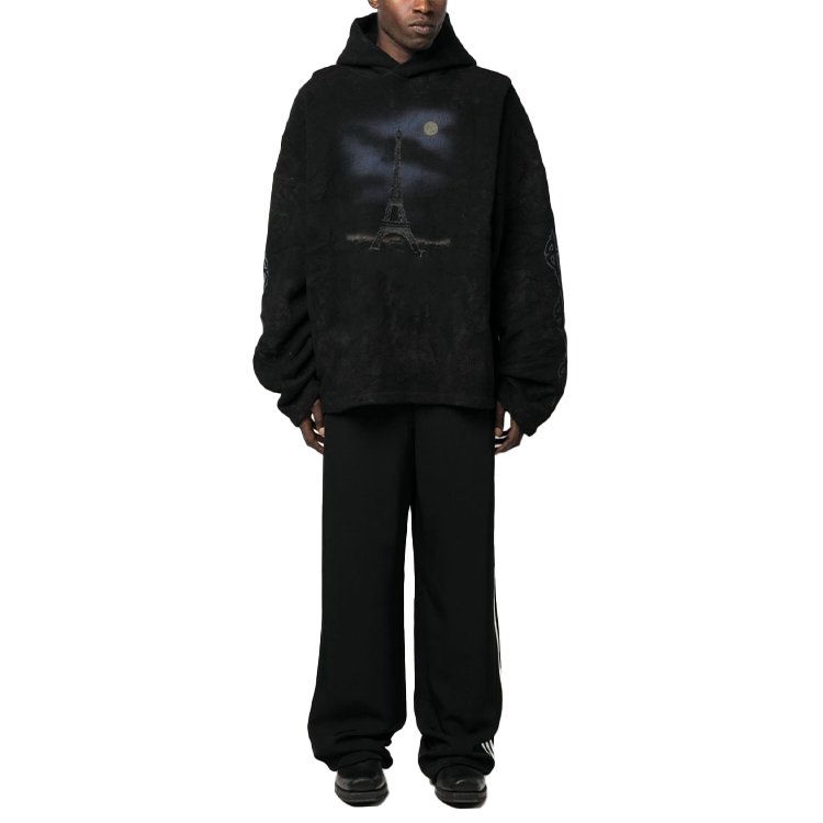 Black oversized raglan patchwork hoodie with Eiffel Tower graphic