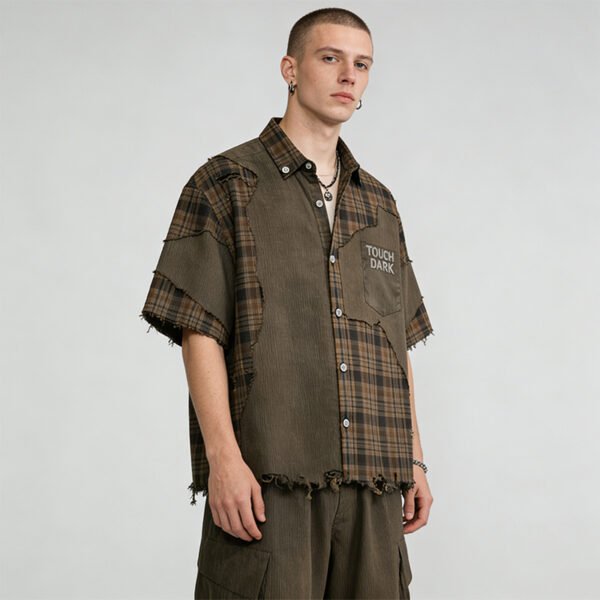 Custom Frayed Patchwork Short-Sleeve Shirt | VW-84EB - Style 84EBE9 - product detail view 3 Custom Frayed Patchwork Short-Sleeve Shirt | VW-84EB - Style 84EBE9 - product detail view 3