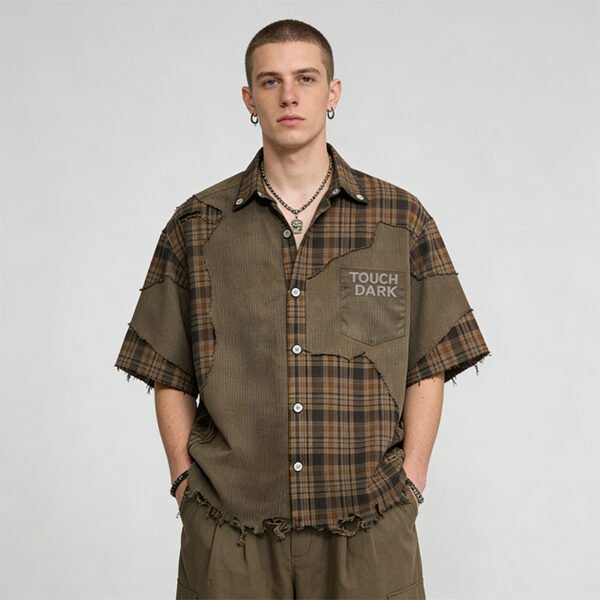 Custom Frayed Patchwork Short-Sleeve Shirt | VW-84EB - Style 84EBE9 - product detail view 9 Custom Frayed Patchwork Short-Sleeve Shirt | VW-84EB - Style 84EBE9 - product detail view 9