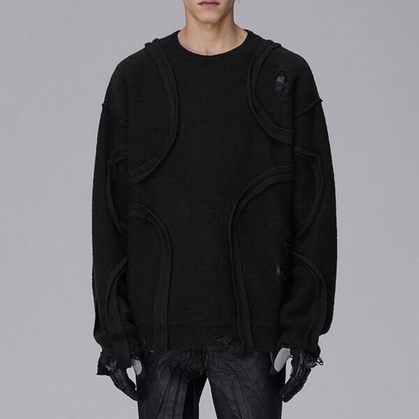 Custom Patchwork Slouchy Knit Sweater - Style 616704 Black patchwork slouchy knit sweater with distressed details