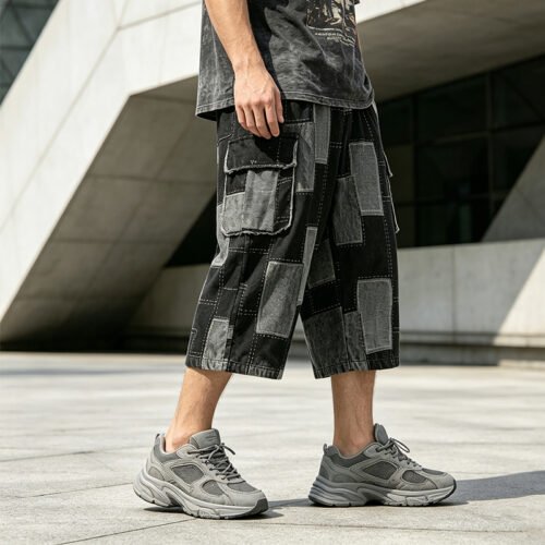 Custom Patchwork Wide-Leg Denim Shorts - Style 052FD9