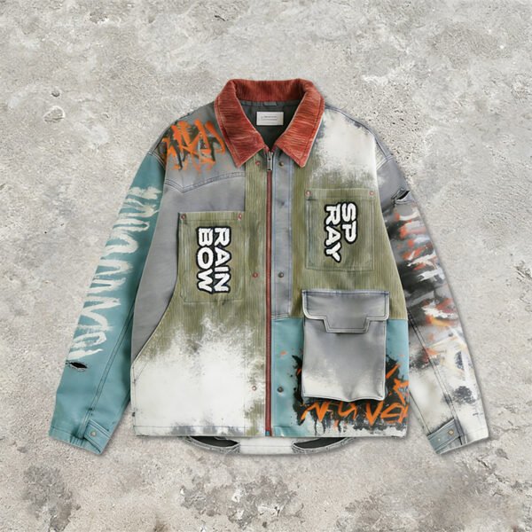 Custom Washed Spray Patchwork Workwear Jacket - Style 6E67F3 - product detail view 2 Custom Washed Spray Patchwork Workwear Jacket - Style 6E67F3 - product detail view 2