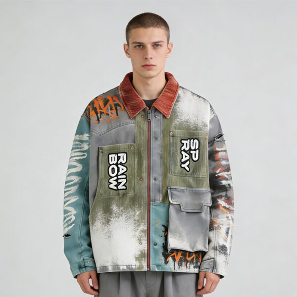 Custom Washed Spray Patchwork Workwear Jacket - Style 6E67F3 - product detail view 7 Custom Washed Spray Patchwork Workwear Jacket - Style 6E67F3 - product detail view 7