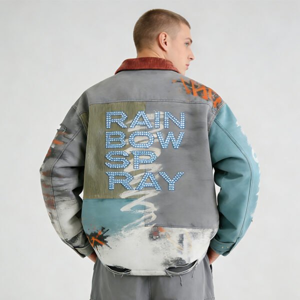 Custom Washed Spray Patchwork Workwear Jacket - Style 6E67F3 - product detail view 8 Custom Washed Spray Patchwork Workwear Jacket - Style 6E67F3 - product detail view 8