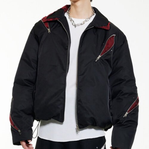 Custom Patchwork Zip Short Padded Coat - Style 6369E9 Man wearing a custom patchwork zip short padded coat