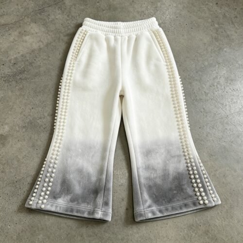 White to grey gradient flare capri pants with pearl trim