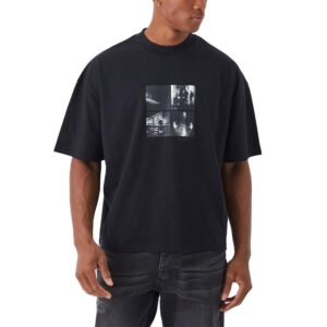 Black oversized t-shirt with a four-panel photo graphic