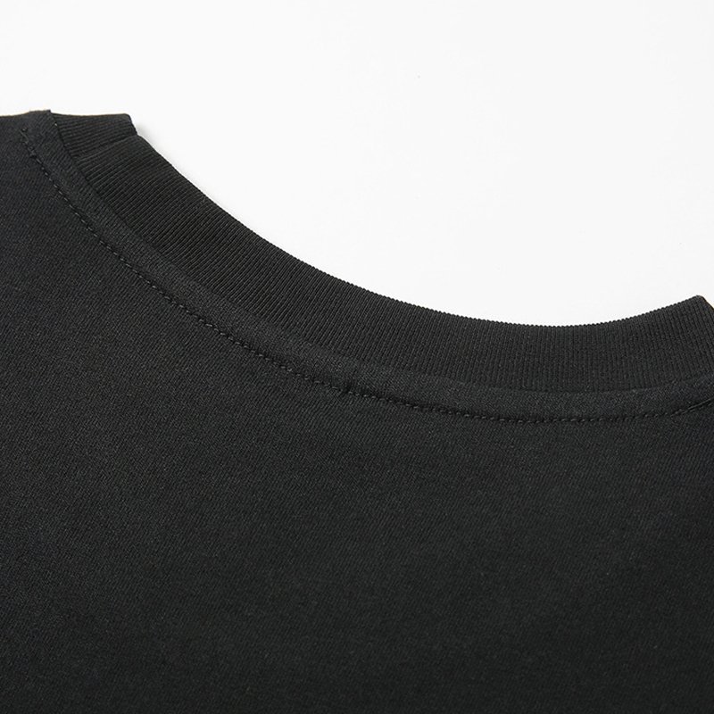 Close-up of a black crewneck t-shirt neckline