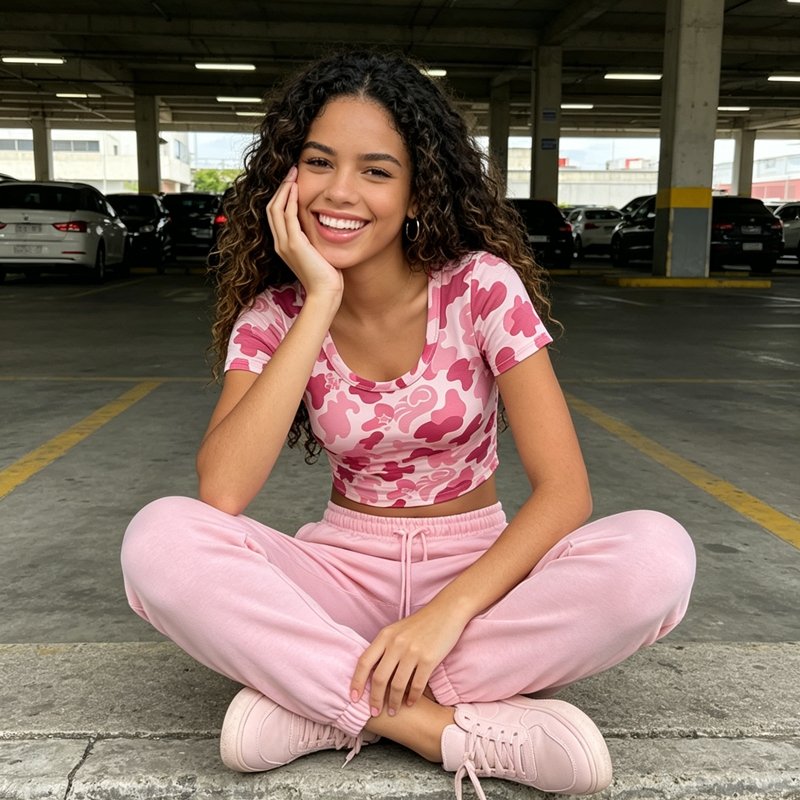 Woman wearing a pink camo print slim crop t-shirt.