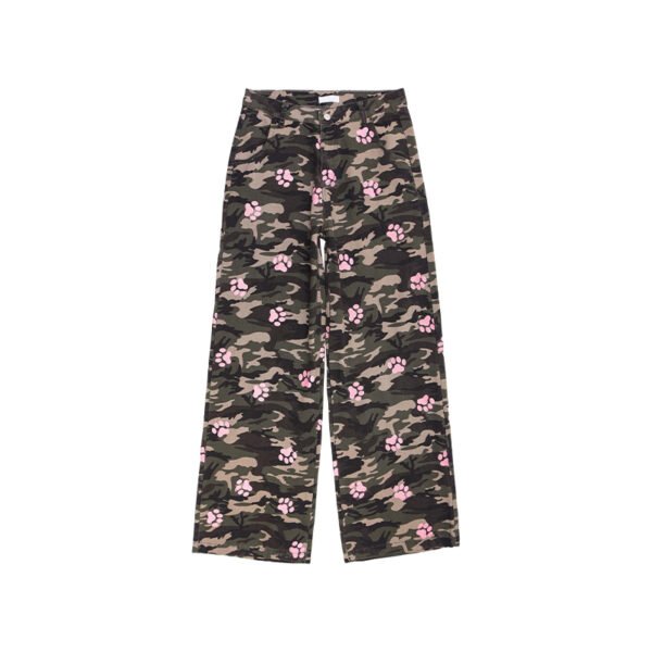 Custom Pink Paw Camo Loose Straight Jeans - Style 353B16 Women's camouflage denim jeans with pink paw print motif